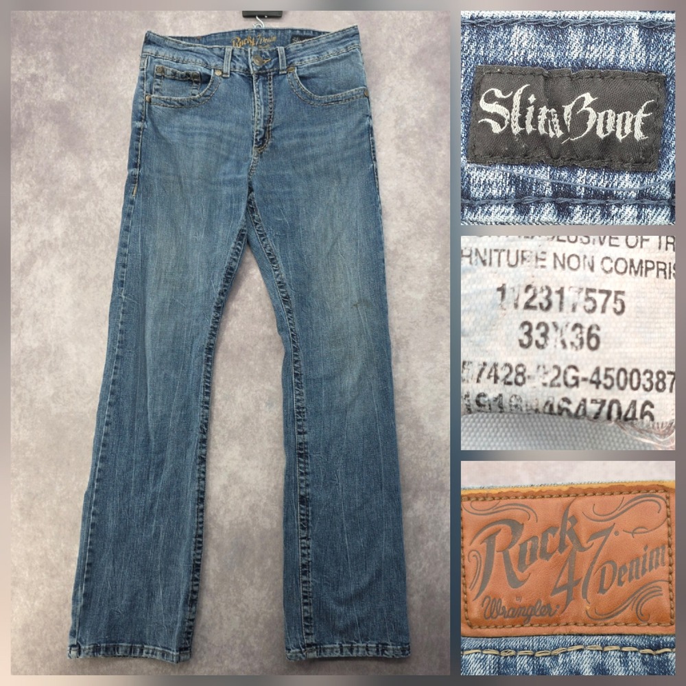 Wrangler Rock 47 Denim Slim Boot Jeans Mens 33x36 Blue Medium Wash Fits 34x35